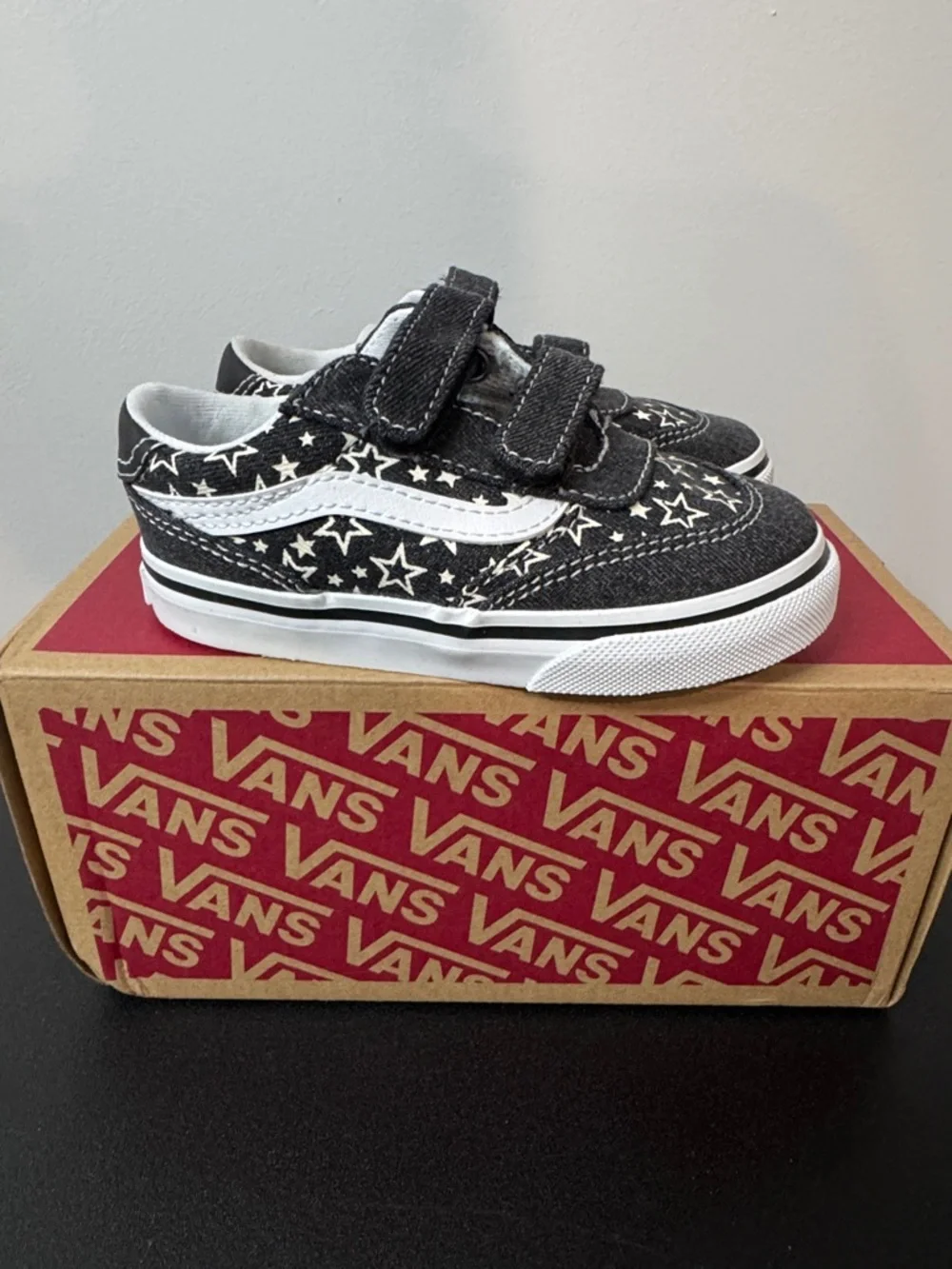 Vans Brooklyn Ls V Stars Black Canvas Velcro Sneakers Toddler Size 8 New NIB